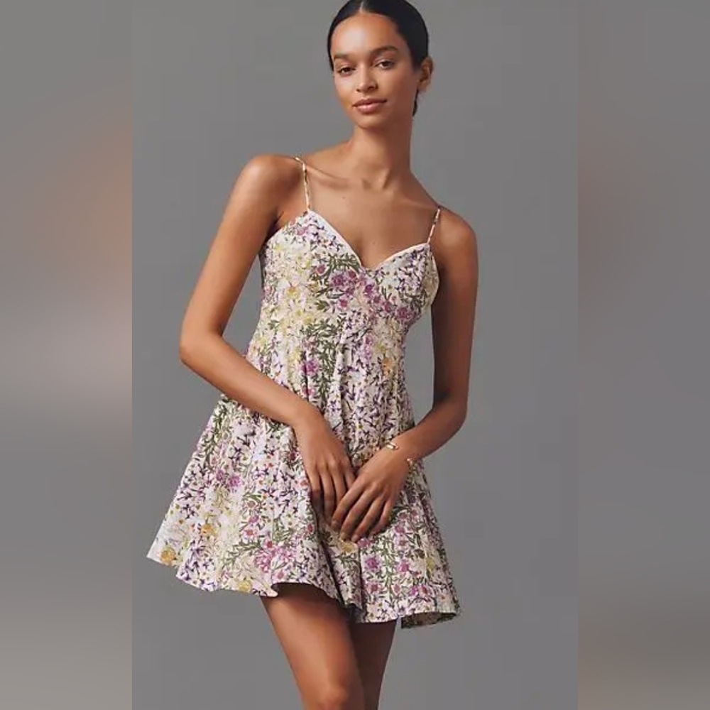 Anthropologie Maeve Lace Trim Sweetheart Floral Mini Dress - Picture 3 of 3